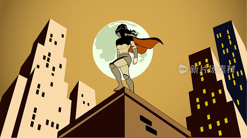Vector Retro Female Superhero in The City At Night Stock插图